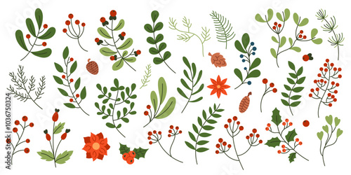 Christmas themed floral decor flat color vector objects set. Berries leaves and pinecones for holiday designs illustrations pack on white