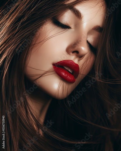 close-up of woman with red lips and wavy hair