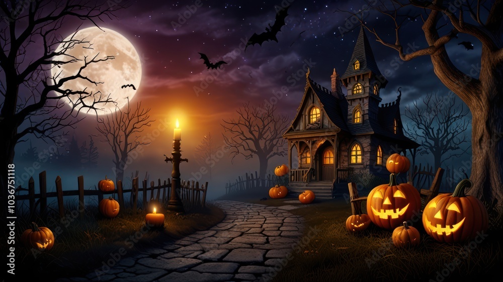 A spooky Halloween scene with a haunted house, pumpkins, bats, and a full moon. A spooky Halloween scene with a haunted house, pumpkins, bats, and a full moon.