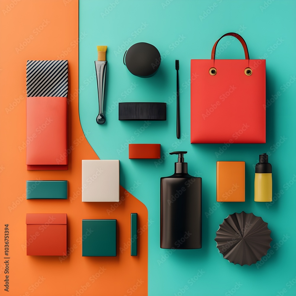 Fototapeta premium Colorful Geometric Mockups with Branding Elements and Packaging on Teal and Orange Background