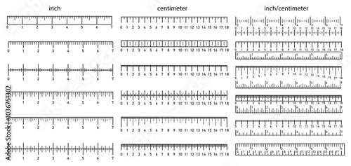 Ruler measurement scales. Inch, centimeter and mixed rulers, precise metric and imperial scales. Horizontal meter distance or scale markup, size indicators vector set.