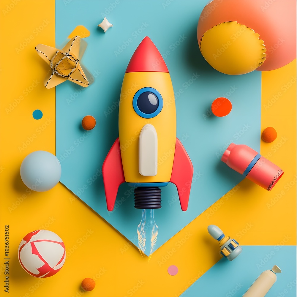 Colorful Rocket Toy on Yellow and Blue Background