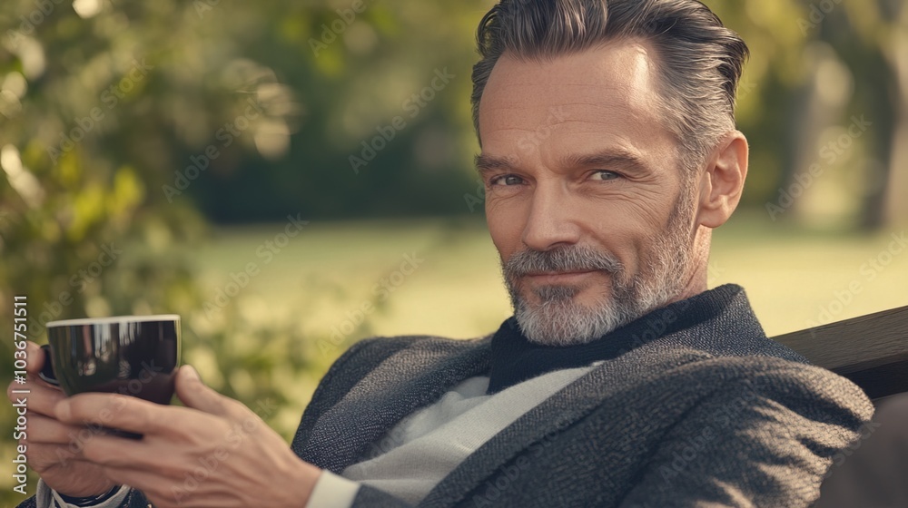Middle-aged man with slight tremor holding cup of coffee on park bench, symbolizing struggle with Parkinson's disease, calm natural setting. Middle-aged man with slight tremor holding cup of coffee on park bench, symbolizing struggle with Parkinson's disease, calm natural setting.