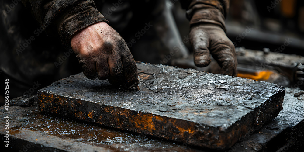 Hands of a Skilled Worker Handling Raw Materials in an Industrial Environment Hands of a Skilled Worker Handling Raw Materials in an Industrial Environment