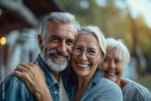 Joyful family portrait of parents and couple in their new home, enjoying laughter and quality time together outdoors with older relatives