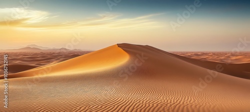 Fototapeta Naklejka Na Ścianę i Meble -  Sunset over the Dunes Golden hour bathes vast desert landscape in warm light, Emirates