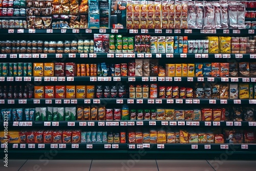 A well-stocked supermarket aisle filled with various snack foods. photo