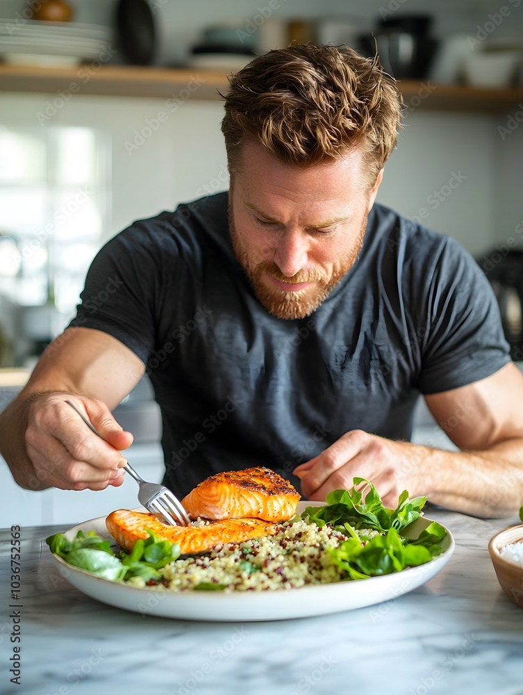Bodybuilder Enjoying Nutritious Salmon and Quinoa Meal in Bright Airy Kitchen Bodybuilder Enjoying Nutritious Salmon and Quinoa Meal in Bright Airy Kitchen