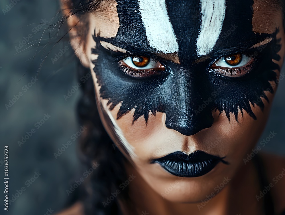 Fierce and Defiant Warrior Woman with Tribal Face Paint Portrayal Fierce and Defiant Warrior Woman with Tribal Face Paint Portrayal