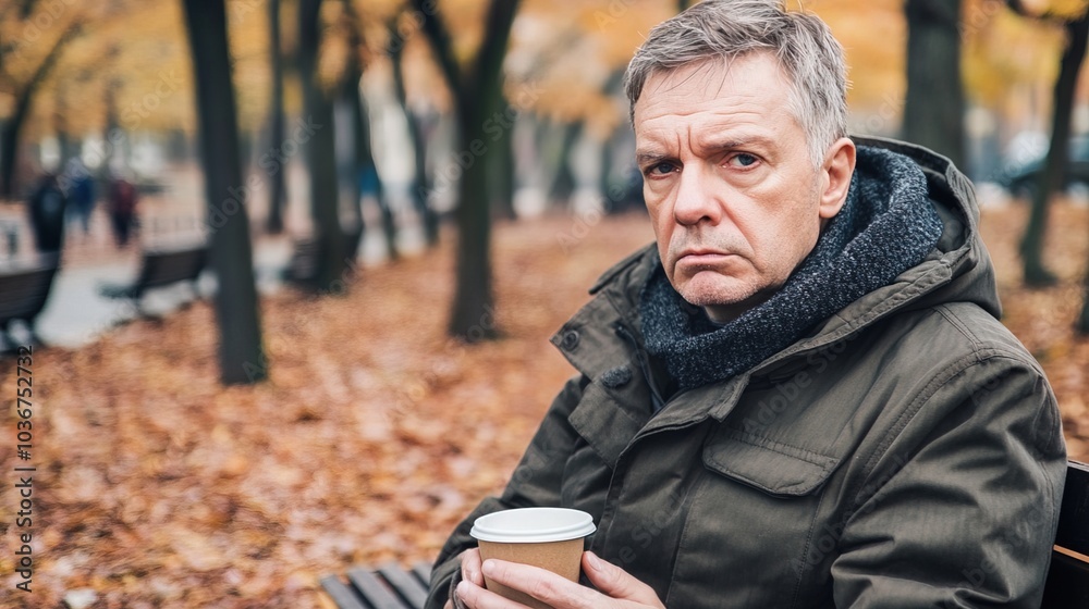 Middle-aged man with slight tremor holding cup of coffee on park bench, symbolizing struggle with Parkinson's disease, calm natural setting. Middle-aged man with slight tremor holding cup of coffee on park bench, symbolizing struggle with Parkinson's disease, calm natural setting.
