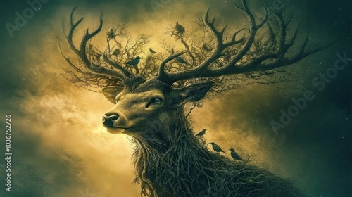 A deer with antlers that have grown into trees, with birds perched on the branches, against a starry sky. photo