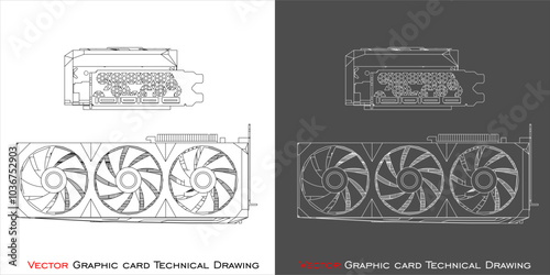 vector GPU  triple fan blueprint line technical drawing isolated on transparent background
