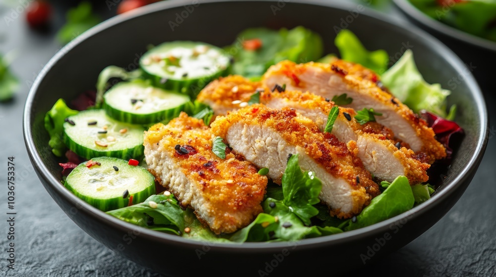 A bowl of crispy chicken on a bed of fresh greens and cucumbers. A bowl of crispy chicken on a bed of fresh greens and cucumbers.