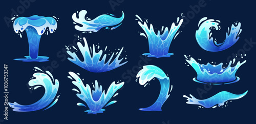 Cartoon water splash. Sea curl wave, splashing aqua flow and blue liquid plop crown with dynamic drops. Surge burst, splashdown and gush effect isolated vector set.
