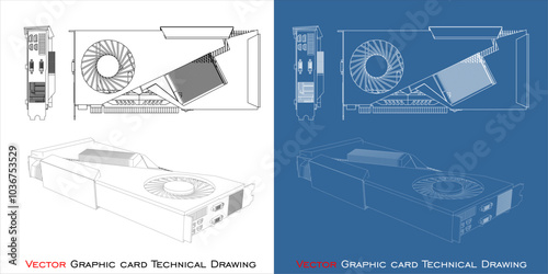 vector GPU single fan blueprint line technical drawing isolated on transparent background
