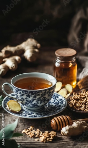 Ginger tea, honey, and granola on rustic wood.