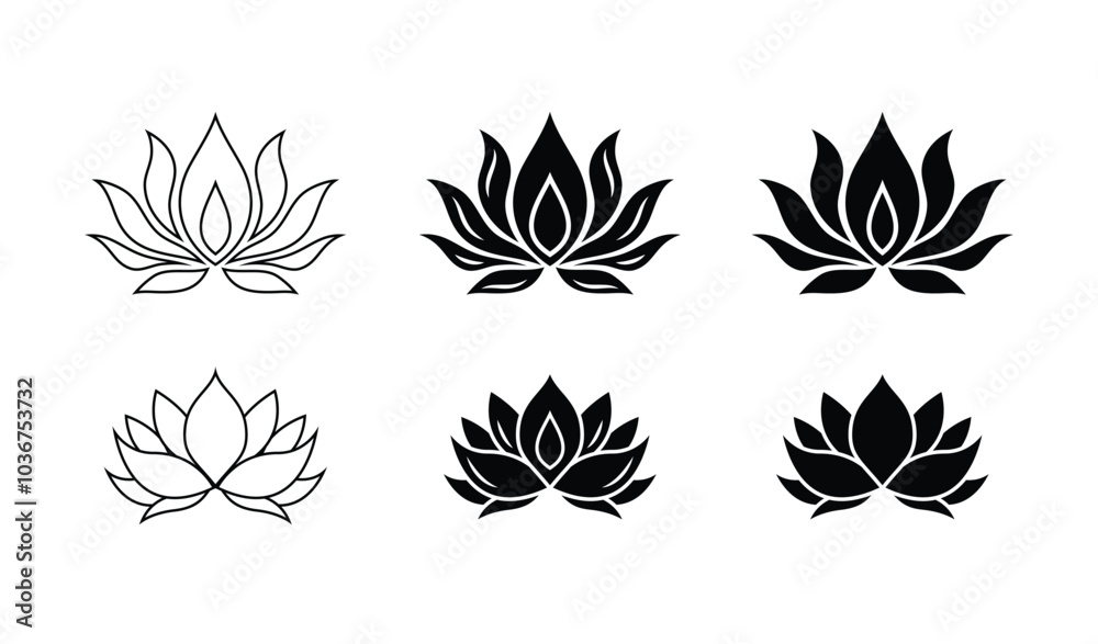 Fototapeta premium Lotus flower silhouette logo. Set black lotus symbol isolated on white background. Lotus vector icon, sign yoga and meditation for spa salon