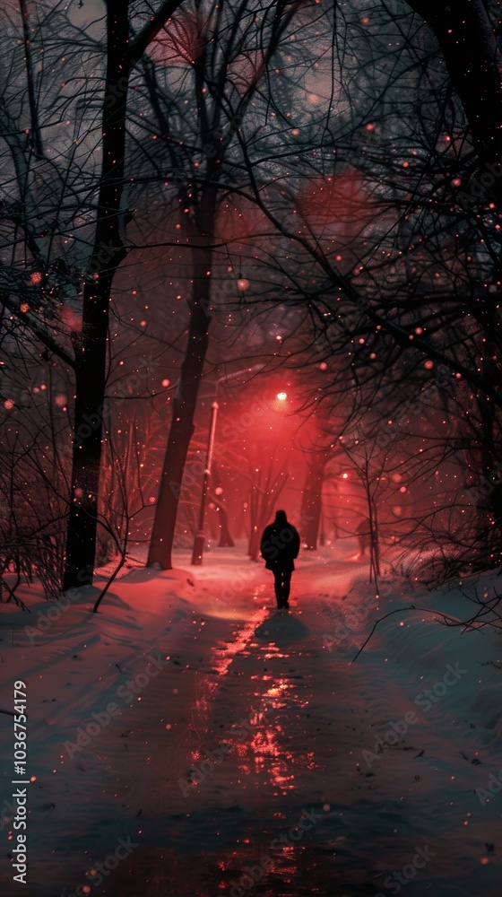 Lonely Figure Walking Through a Snowy Forest Path at Night Lonely Figure Walking Through a Snowy Forest Path at Night