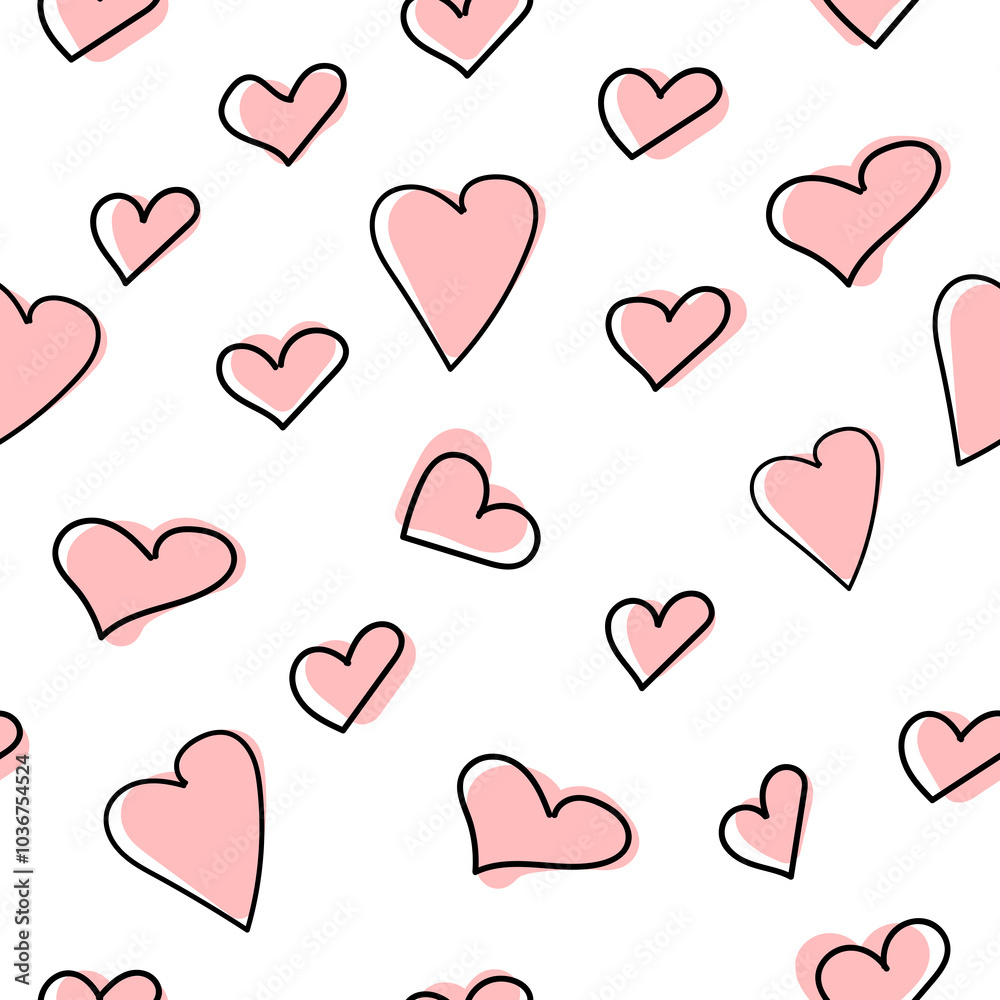Hand drawn hearts seamless pattern. Continuous line drawing of a heart, black and white vector minimalist love concept illustration. Hand drawn hearts seamless pattern. Continuous line drawing of a heart, black and white vector minimalist love concept illustration.