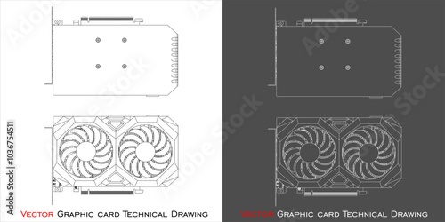 Vector GPU graphic card dual fan VGA  line technical drawing blueprint isolated on transparent background