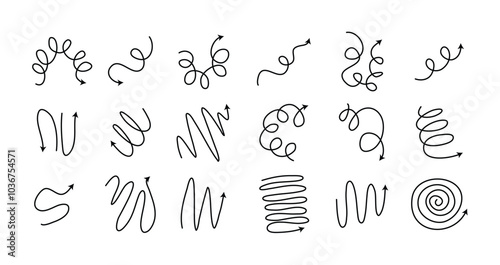 Spiral arrows Doodle set, hand drawn spring arrow coil icons flexible lines. Editable stroke
