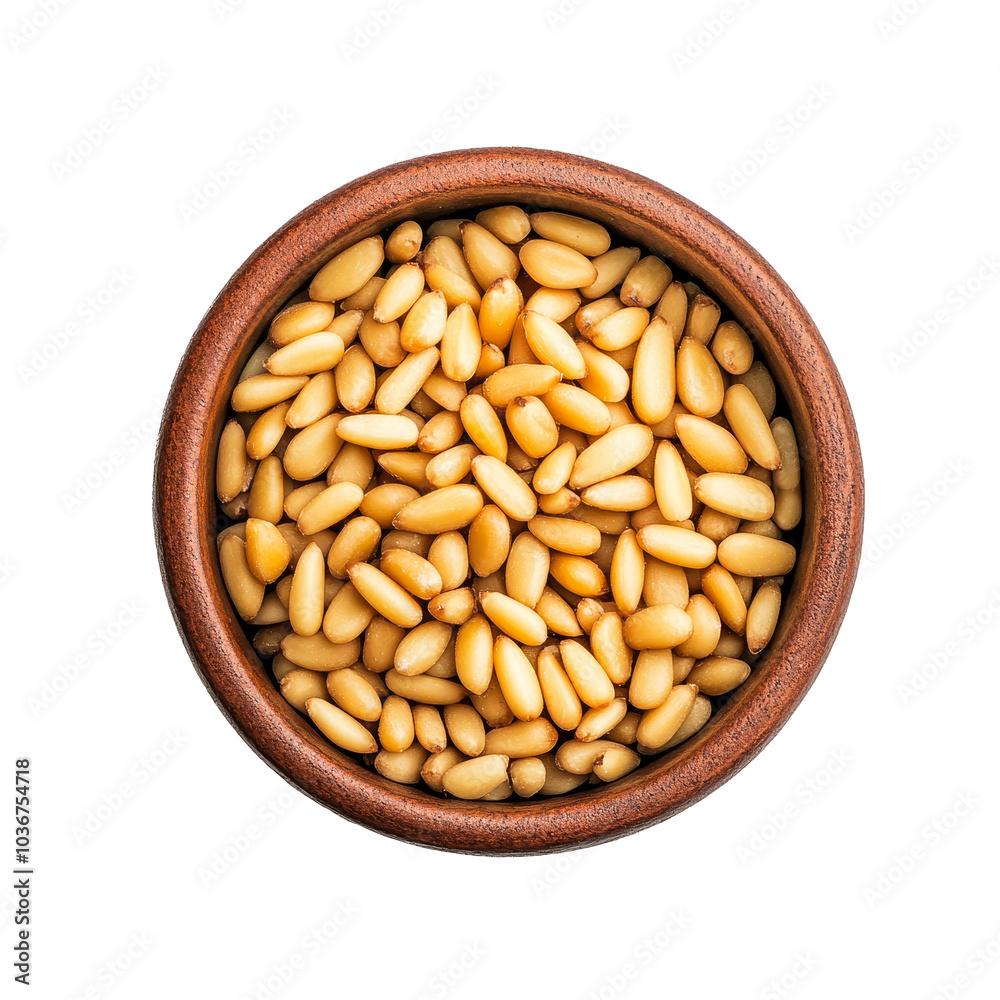 Fresh pine nuts in a wooden bowl on a clean transparent background, showcasing their natural color and texture, Fresh pine nuts in a bowl on a transparent background Fresh pine nuts in a wooden bowl on a clean transparent background, showcasing their natural color and texture, Fresh pine nuts in a bowl on a transparent background