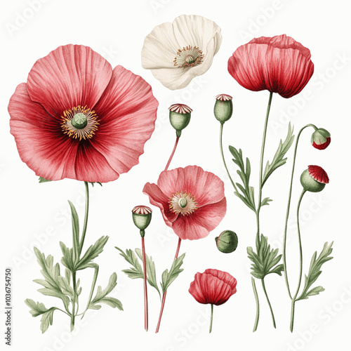 botanical illustration of opium poppies on white background