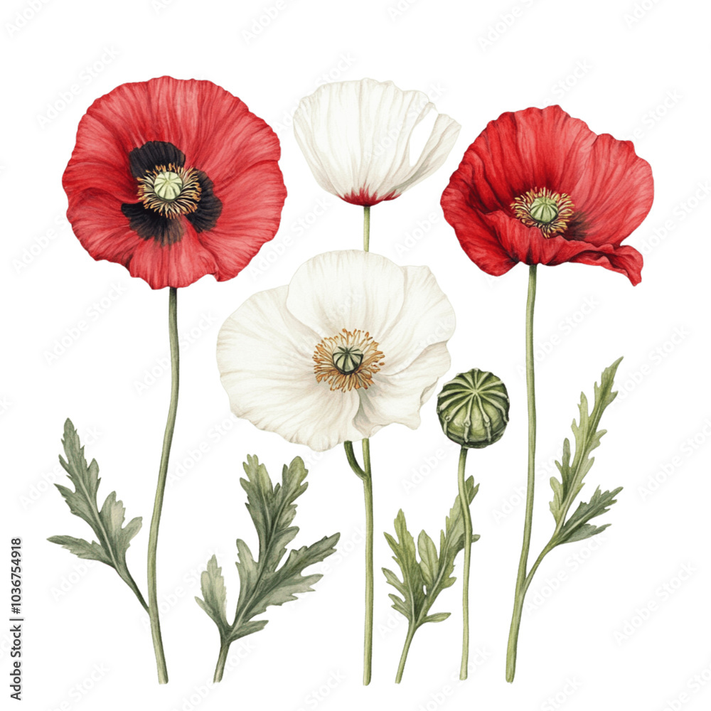 Obraz premium botanical illustration of opium poppies on white background