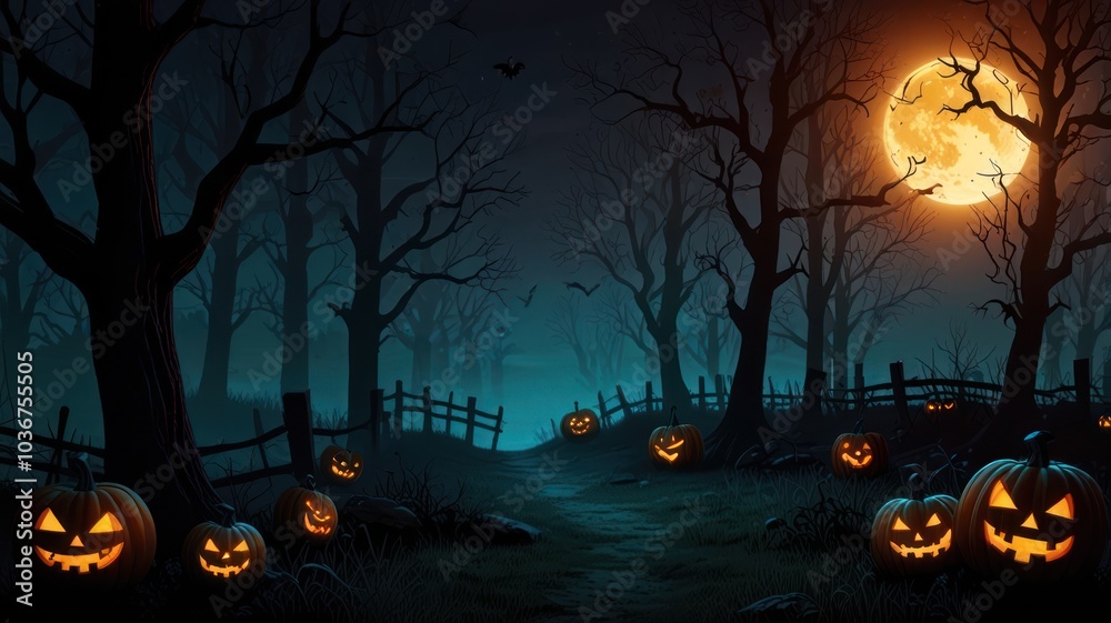 A spooky path through a dark forest with jack-o-lanterns and a full moon. A spooky path through a dark forest with jack-o-lanterns and a full moon.