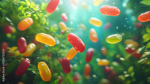 Colorful Jelly Beans Surrounded by Lush Greenery in Nature Scene