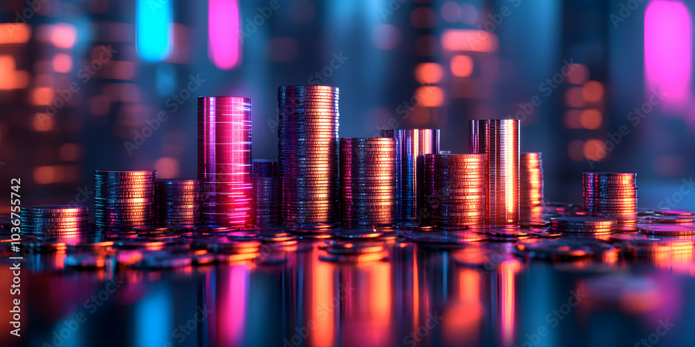 Shimmering Coins Stacked in a Modern Digital Environment - Wealth and Finance Shimmering Coins Stacked in a Modern Digital Environment - Wealth and Finance