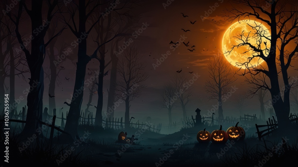 A spooky Halloween scene with pumpkins in a graveyard under a full moon. A spooky Halloween scene with pumpkins in a graveyard under a full moon.