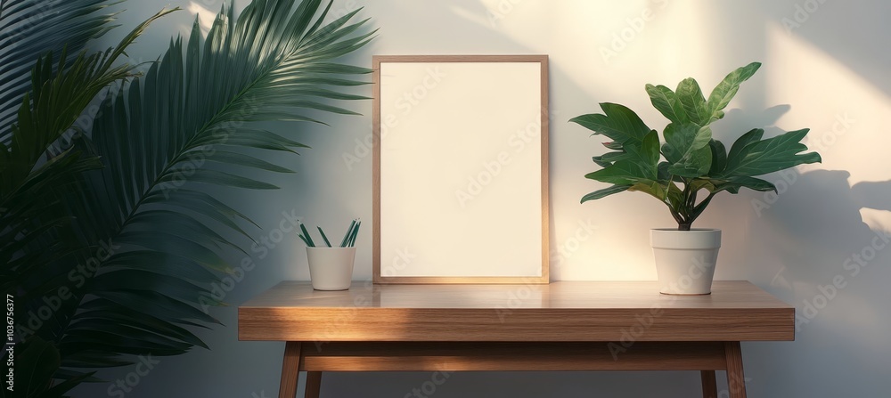 Mockup, Wooden picture frame standing on table with plants in stylish room, picture frame mockup Mockup, Wooden picture frame standing on table with plants in stylish room, picture frame mockup