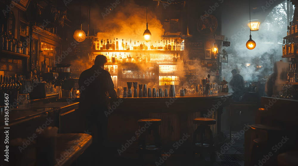 Mysterious Bar Atmosphere with Smoky Ambiance and Dim Lighting Mysterious Bar Atmosphere with Smoky Ambiance and Dim Lighting