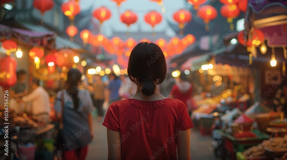 Woman Walking Through a Festive Night Market in Asia Woman Walking Through a Festive Night Market in Asia