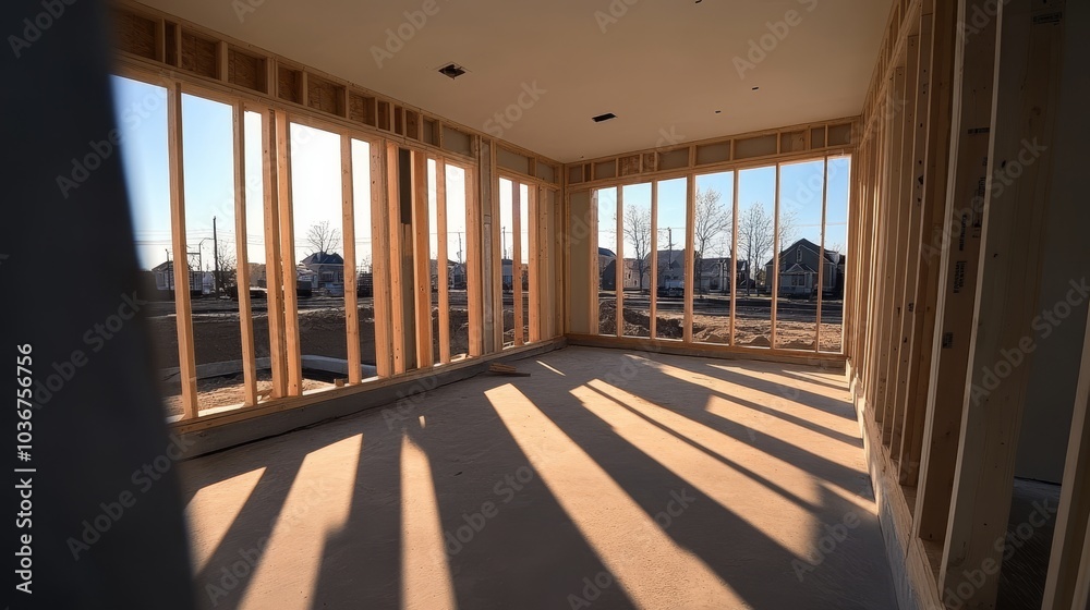 Sunlight Streaming Through Empty Window Frames, Illuminating Unfinished Home Construction Sunlight Streaming Through Empty Window Frames, Illuminating Unfinished Home Construction