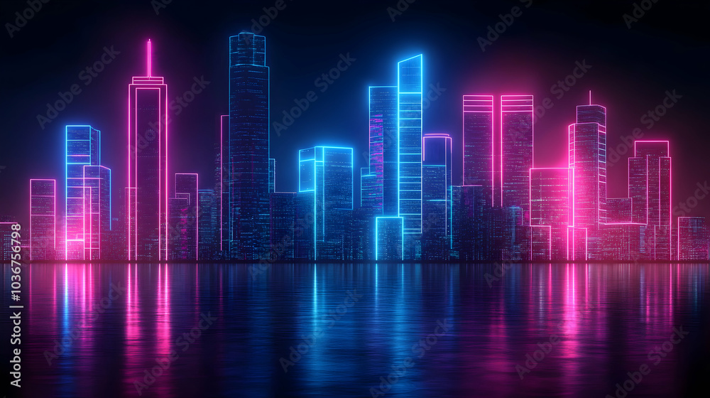Vibrant Futuristic City Skyline with Neon Lights at Night Vibrant Futuristic City Skyline with Neon Lights at Night