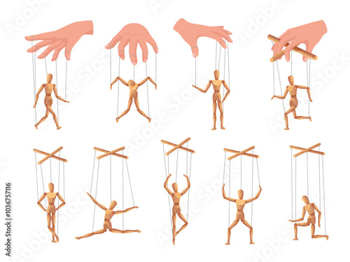 Wooden dummy figure. Marionette puppets controlled by strings and hand manipulation. Puppet theater human model poses. Control, leadership and influence concept illustrations vector set.