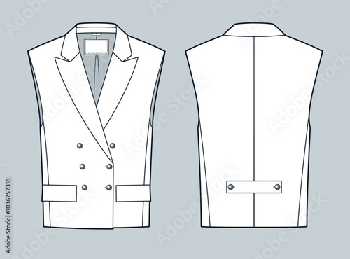 Classic Vest Jacket technical fashion illustration. Sleeveless Jacket fashion flat technical drawing template, front and back view, white, women, men, unisex CAD mockup.