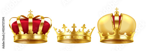 Magnificent gold imperial crowns with red velvet vector illustration set. Collection of luxury jewelry items 3d object on white background