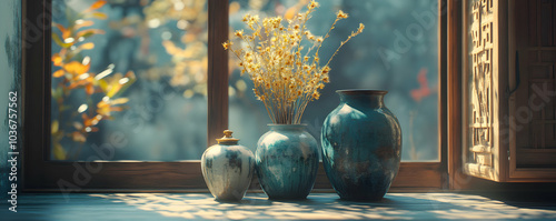 Artistic Display of Elegant Vases and Dried Flowers in Warm Light