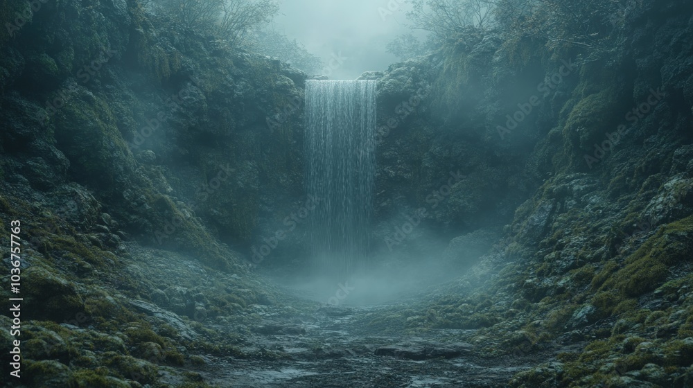 A misty waterfall cascades down a rocky ravine, creating a serene and ethereal atmosphere. A misty waterfall cascades down a rocky ravine, creating a serene and ethereal atmosphere.