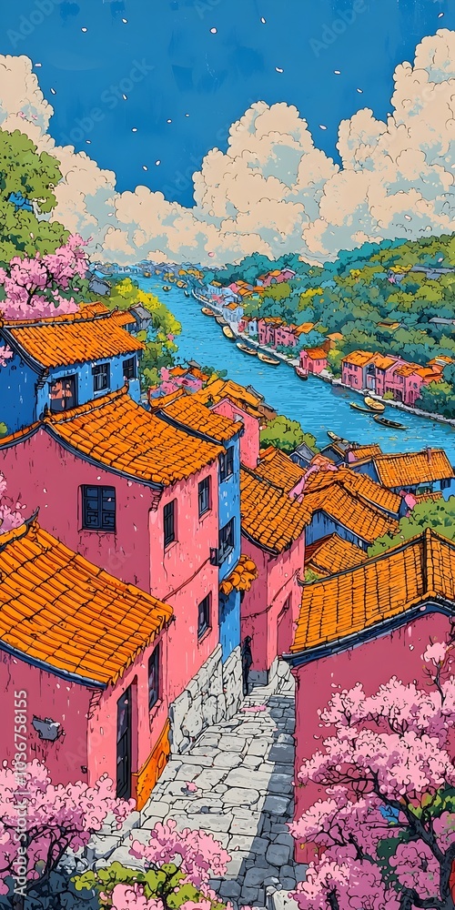 Obraz premium A vibrant, artistic illustration of a picturesque village with colorful pink houses and blooming cherry blossoms along a serene river, under a bright blue sky.