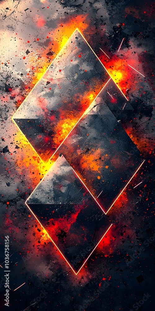 Abstract geometric shapes in intense flames and smoke, creating a ...