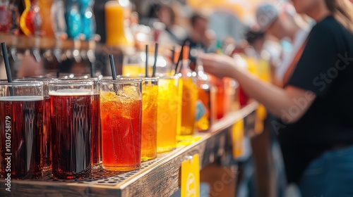 Craft beer alternatives like alcohol-free IPAs, fruity sodas, and exotic non-alcoholic drinks on display at an Oktoberfest stand, with people sampling unique beverages.