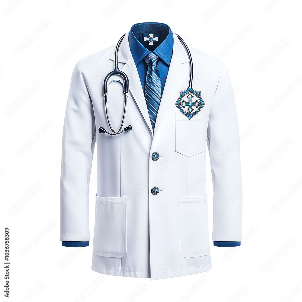 A professional doctor's outfit including a lab coat and stethoscope on a white isolated background. isolated on transparent background. A professional doctor's outfit including a lab coat and stethoscope on a white isolated background. isolated on transparent background.