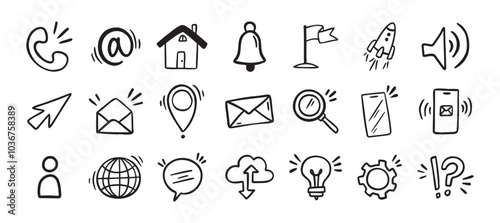 Contact doodle hand drawn icon. Isolated communication signs for business