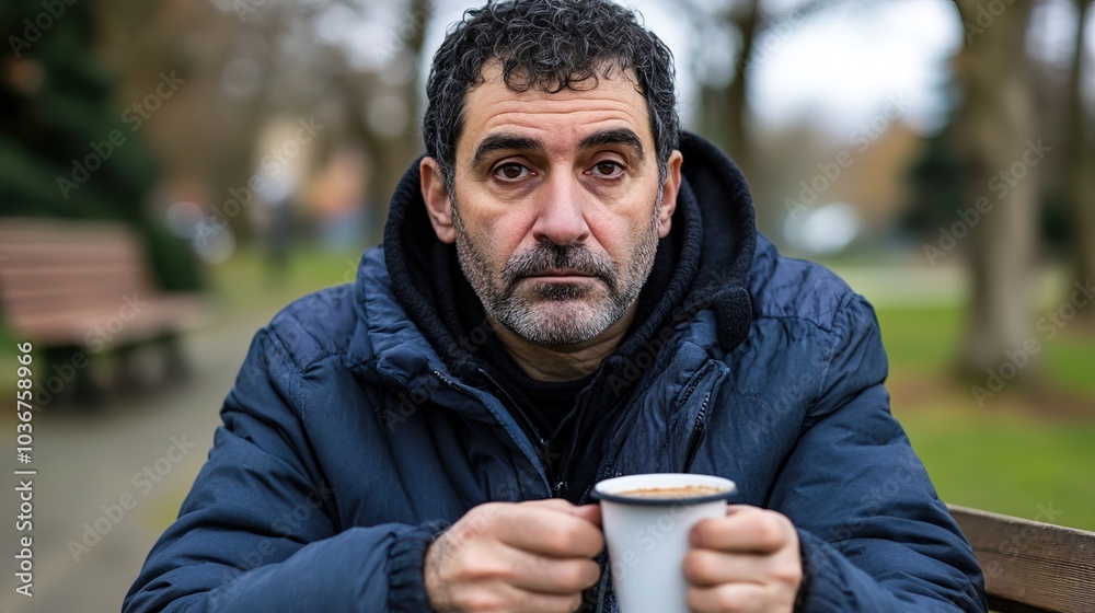 Middle-aged man with slight tremor holding cup of coffee on park bench, symbolizing struggle with Parkinson's disease, calm natural setting. Middle-aged man with slight tremor holding cup of coffee on park bench, symbolizing struggle with Parkinson's disease, calm natural setting.