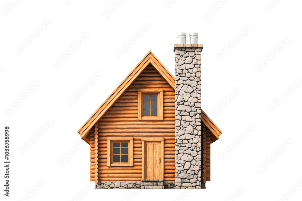 Charming wooden house with a stone chimney, isolated on a white background. isolated on transparent background.