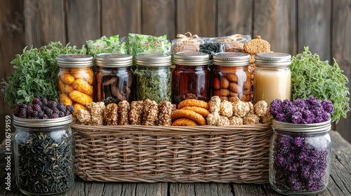 A wicker basket filled with various jars of homemade preserves, nuts, and dried fruits.